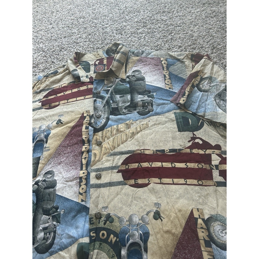 VTG 90s Harley Davidson Men's 2XL Tan Manfredo Button Up Motorcycle Print
